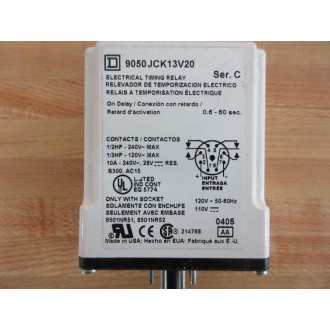 Square D 9050-JCK13V20 Timing Relay 9050JCK13V20 Series C No Knob - Used