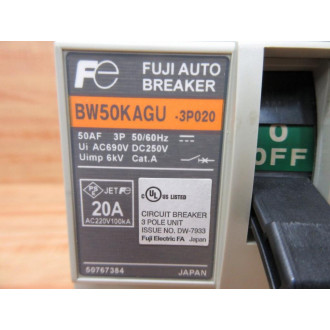 Fuji Electric BW50KAGU-3P020 Circuit Breaker BW50KAGU3P020 - Used