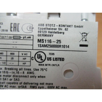 ABB MS116-25 Motor Protector Circuit Breaker 20-25 AMP - New No Box