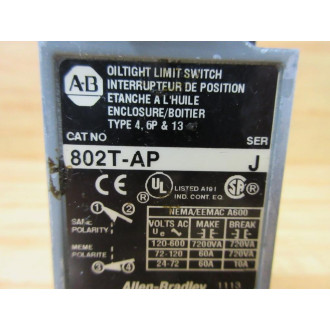 Allen Bradley 802T-AP Limit Switch 802TAP Series J WOperator Head - Used