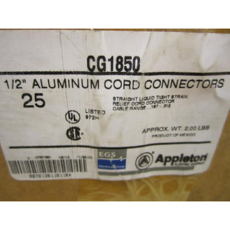 Appleton CG-1850 Cord Connectors 12" Box Of 25