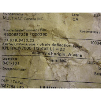 Multivac 11.538.9410.23 Chain Deflection Roller - New No Box