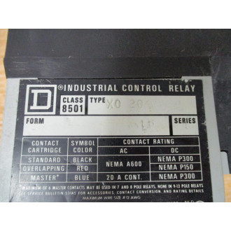 Square D 8501-X020-110120V Relay 8501-XO20-110120V Ser. A - Used