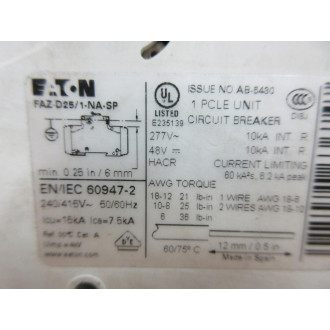 Eaton FAZ-D251-NA-SP Circuit Breaker 1P 25A FAZD251NASP - Used