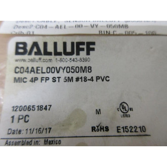 Balluff C04 AEL-00-VY-050M-8 Single Ended Cordset C04AEL00VY050M8