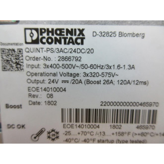 Phoenix Contact QUINT-PS3AC24DC20 Power Supply QUINTPS3AC24DC20 - Used