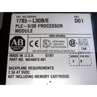 Allen Bradley 1785-L30B PLC-530 CPU Module Ser.E Rev.D01 FW Rev.B - Used