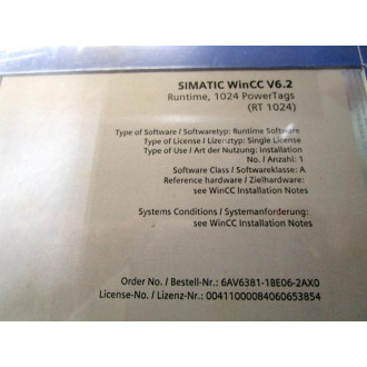 Siemens 6AV6381-1BE06-2AX0 Simatic WinCC V6.2 1P 6AV6381-1BE06-2AX0
