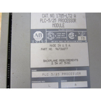 Allen Bradley 1785-LT2 PROCR Module PLC-525 Ser.A FW Rev.L - Used