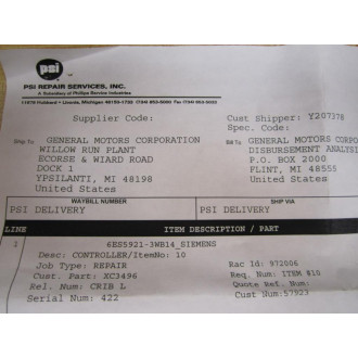 Siemens 6ES5-921-3WB14 Module 6ES59213WB14 PSI Services Inc - Refurbished