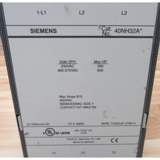 Siemens 40NH32A* Size 7 Heavy Duty Contactor - Used