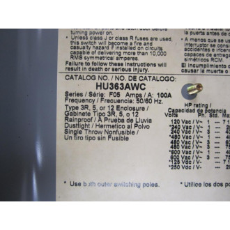 Square D HU363AWC Switch Series F05 100A - New No Box