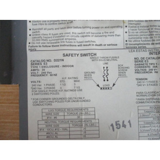 Square D D221N Schneider Electric Safety Switch Ser. E3 - New No Box