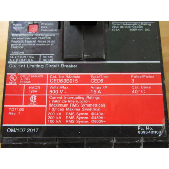 Siemens CED63B015 15A Circuit Breaker CED63B015L - New No Box