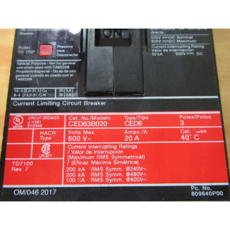 Siemens CED63B020 20A Circuit Breaker CED63B020L - New No Box