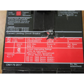 Siemens CED63B015 15A Circuit Breaker CED63B015L Cracked Housing - Used