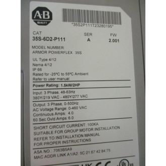 Allen Bradley 35S-6D2-P111 Armor PowerFlex 35S Ser.A, FW 2.001 - New No Box