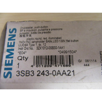 Siemens 3SB3 243-0AA21 Red 3SB32430AA21 Button & Base