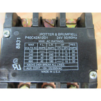 Potter Brumfield P40C42A12D1-120 Contactor P40C42A12D1120 Coil 24V 5060Hz - Used