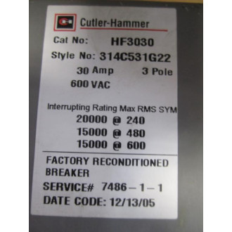 Cutler Hammer Westinghouse HF3030 Circuit Breaker 314C531G22 - Refurbished