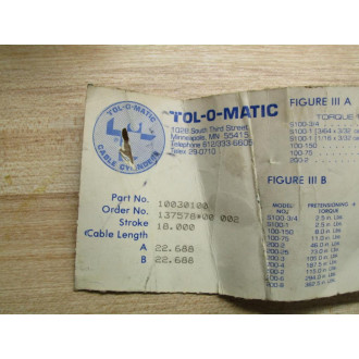 Tol-O-Matic 10030100-18" Stroke Cylinder - New No Box