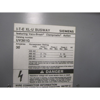Siemens UVS361G Fusible Switch Plug 30 Amps 600 Volts AC - Used