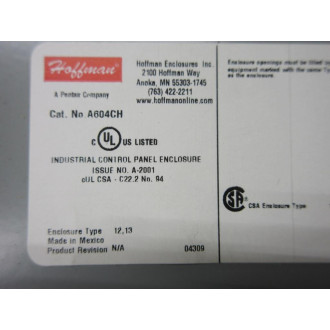 Hoffman A-604CH Jic Box  Enclosure 55370 - Used