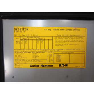 Cutler Hammer DH362FDK Eaton Safety Switch Missing Lever - New No Box