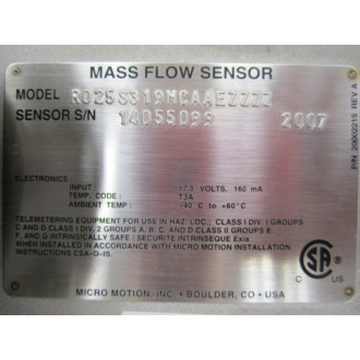 Micro Motion R025S319NCAAEZZZZ Mass Flow Sensor PN 20002215 - New No Box
