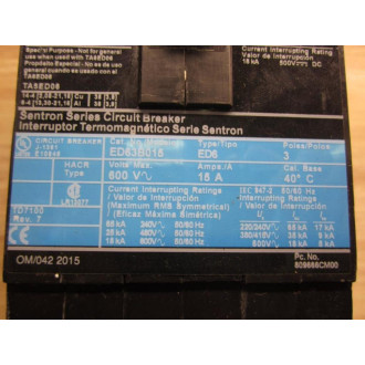 Siemens ED63B015 15A Circuit Breaker ED63B015L - Used