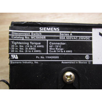 Siemens MCS606R Disconnect Switch Missing Parts - Used