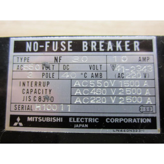 Mitsubishi NF30-CS-3P-10A No-Fuse Breaker NF30CS3P10A - Used