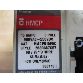 Westinghouse HMCP015E0C Circuit Breaker 15 Amp 3 Pole Ser C - Used