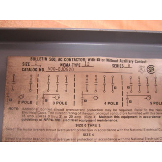 Allen Bradley 500BJD920 Cabinet With 500-BOD920 Starter - New No Box
