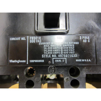 Westinghouse FB3010 Circuit Breaker 600V Max - Used