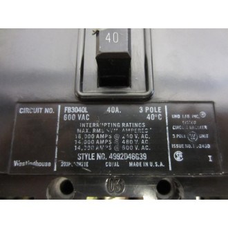 Westinghouse FB3040L Circuit Breaker 40 Amp 3 Pole - Used