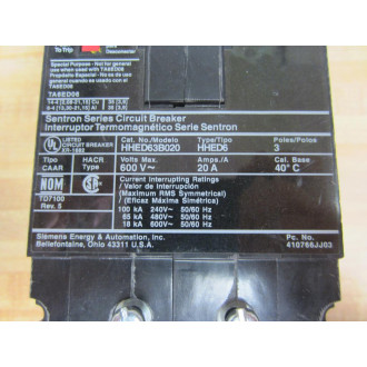 Siemens HHED63B020 Circuit Breaker SA1E025 HHED63B020L - Used