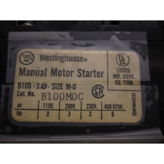 Westinghouse B100M0C Manual Motor Starter B100MOC - Used