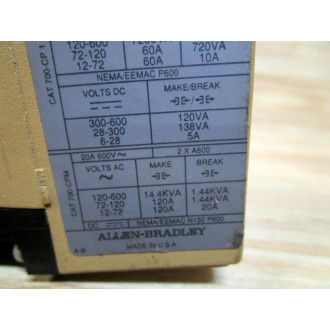 Allen Bradley 700-PK600A1 Control Relay 700PK600A1 - New No Box