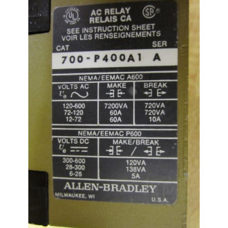 Allen Bradley 700-P400A1 Relay wPL236 - New No Box