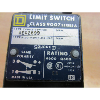 Square D 9007-AEQ2699 Limit Switch 9007AEQ2699 WO Head - Used