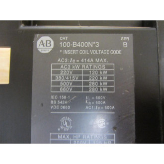 Allen Bradley 100-B400ND3 Contactor 400A 110120V 100B400ND3 GH473 - Used