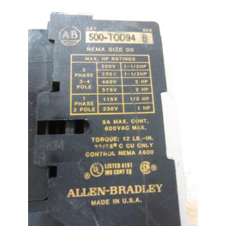 Allen Bradley 500-TOD94 Contactor 500-T0D94 Series B - Used