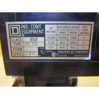Square D 8501-HO-60 Relay 8501-H0-60 Series D
