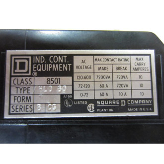 Square D 8501-HLO 60 Latching Relay 8501 HL0 60 Series B - Used