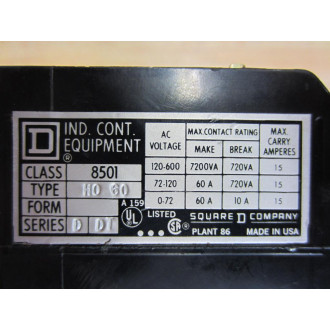 Square D 8501 H0-60 AC Control Relay Series D - Used