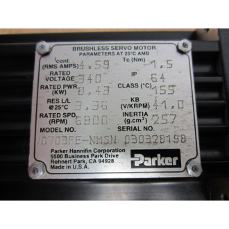 Parker N0703FE-NMSN Brushless Servo Motor N0703FENMSN - Used