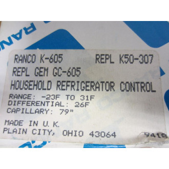 Ranco K-605-70 Household Refrigerator Control K-605