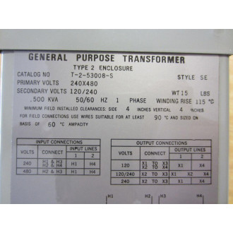 Acme T-2-53008-S Transformer 240X480 Pri 120240 Sec T253008S - Used
