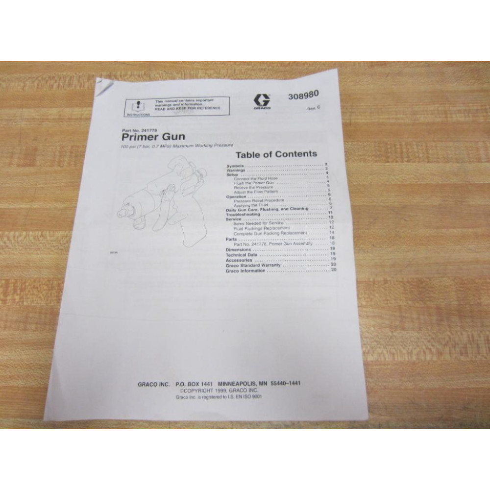 Graco 241778 Primer Spray Gun XT Series 100 PSI Max 308980 Manual ONLY! - Used